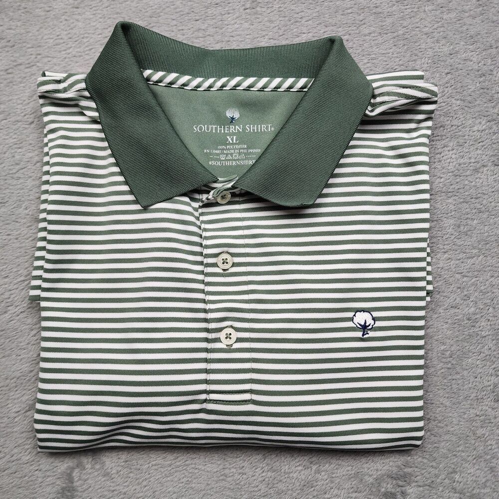 Southern Shirt Mens XL Green Striped Polo 100% Polyester Breathable Golf Casual